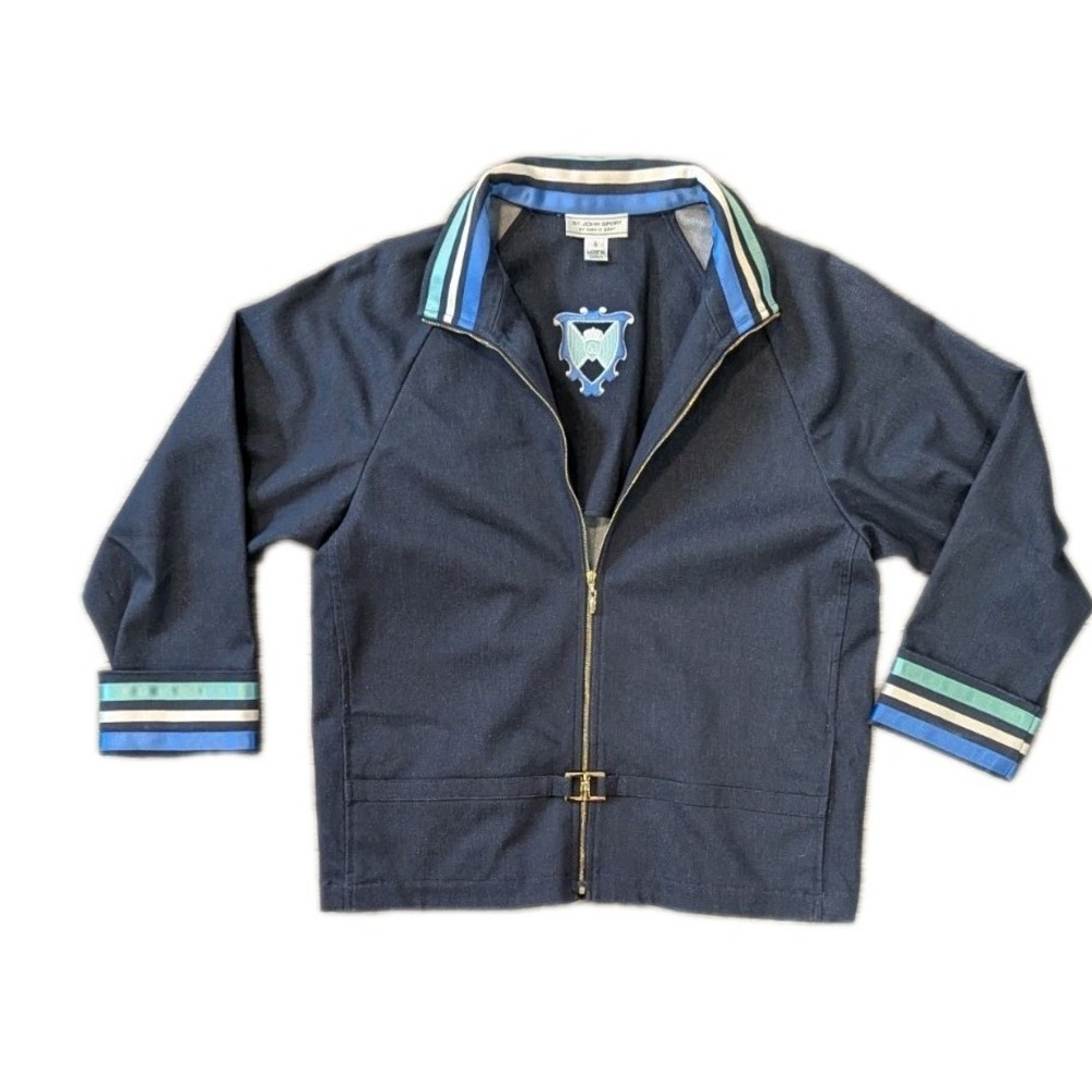 St John Marie‎ Gray jacket S 3/4 Sleeve Full Zip Navy Blue Striped Trim Pockets